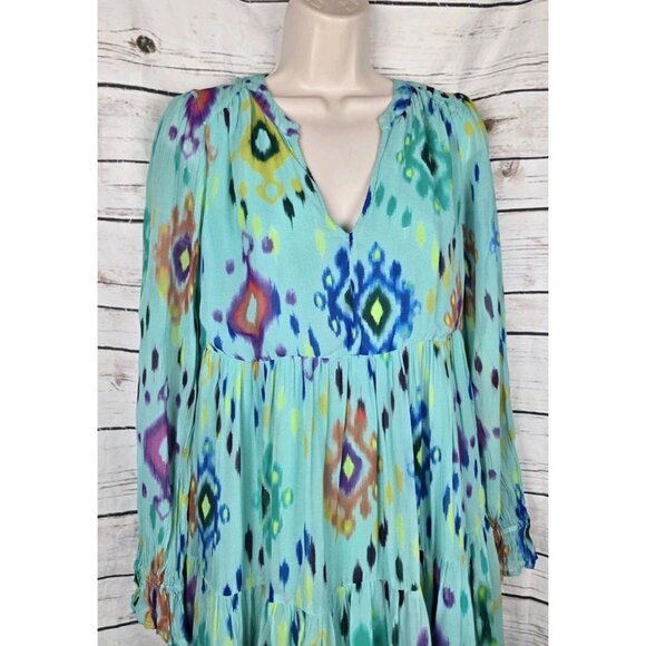 Anthropologie Serenade Maxi Dress S Petite Green Whimsical Fairy Ikat Tiered - Picture 2 of 7